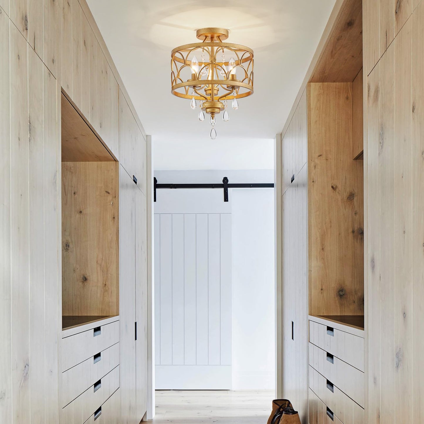Crystal Ceiling Light Fixture  Modern Small Chandelier Light Fixture  Farmhouse Gold Semi Flush Mount Ceiling Light  Round Hallway Lighting Fixtures For Bedroom Entryway Closet Dining Room Living Room