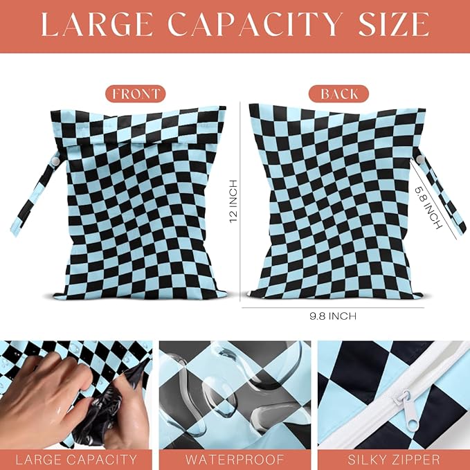 4 Pack Multicolor Checkered Wet Bag Waterproof Washable Reusable Wet Dry Bag for Swimsuit Clothes Cloth Diaper Travel Beach Pool Yoga Gym Toiletries Gift for Women Bestie Friend Birthday Christmas