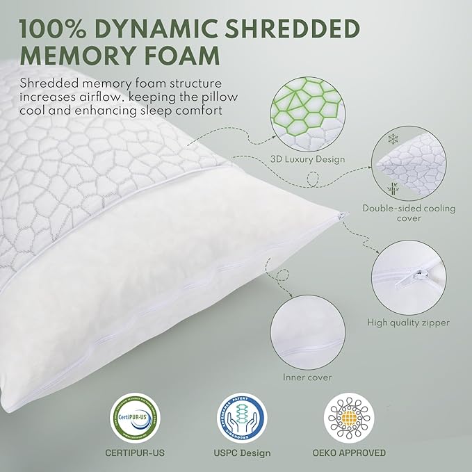 Cooling Shredded Memory Foam Pillow for Sleeping - King Size 2 Pack, Adjustable Bed Pillows Set of 2 for Side, Back, and Stomach Sleepers, Washable Breathable Cold Cover - CertiPUR-US