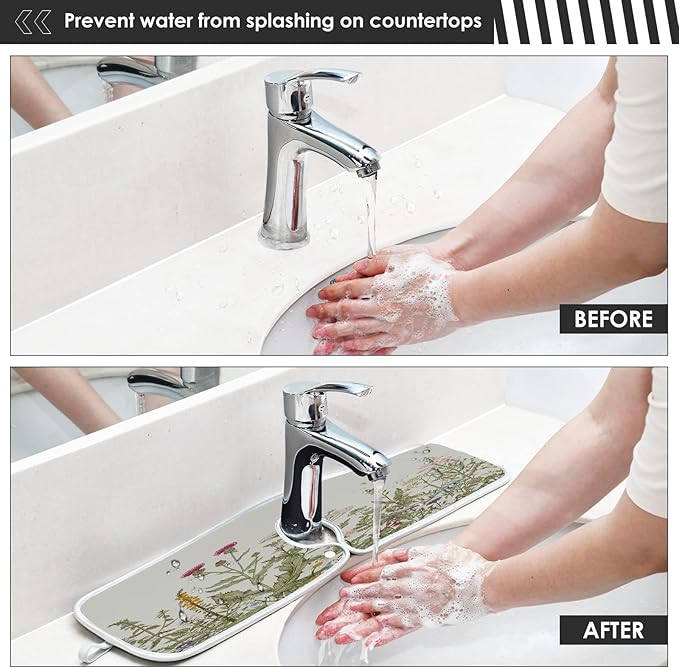 Kitchen Faucet Absorbent Mat, Herbs Wild Flowers Plant Water Splash Guard for Sink, Faucet Drip Catcher Thicken Sponge Microfiber Faucet Water Catcher Mat Sink Absorbent Mat for Kitchen 14x5in 2 Pack