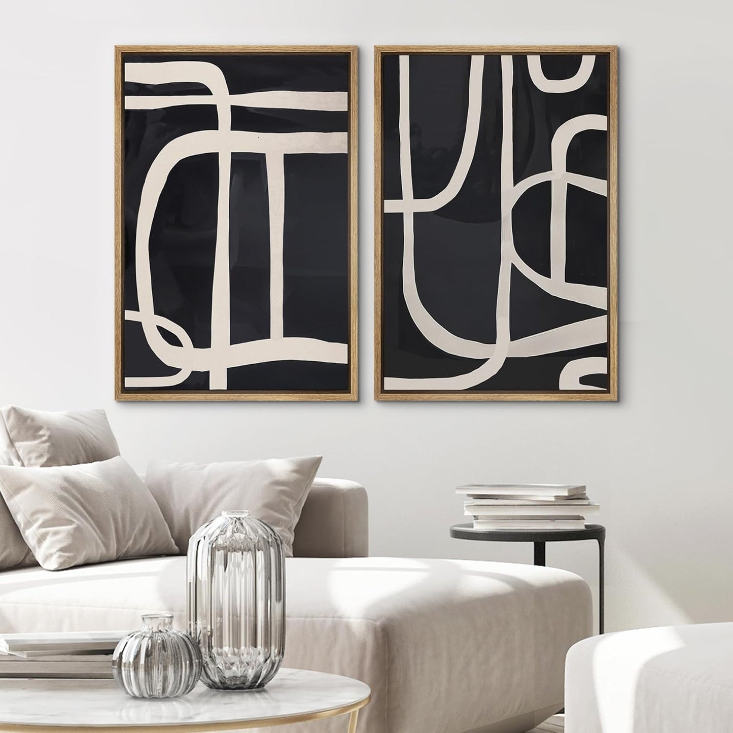 SIGNWIN Framed Canvas Print Wall Art Modern Graphic Black and White Curved Line Patterns Illustrations Modern Art Decorative Contemporary for Living Room, Bedroom, Office - 24"x36"x2 Natural
