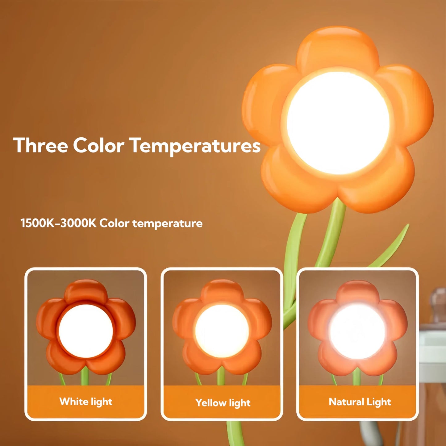 magical JD Sunflower Lamp Rechargeable LED Night Light, 3-Colour Dimming, Model GL371A-1, Orange