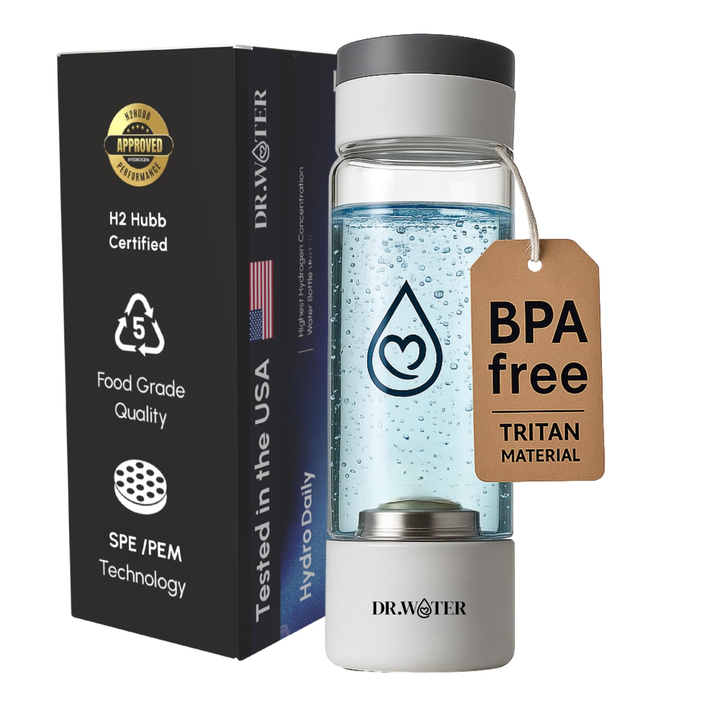 Dr.Water Hydrogen Water Bottle | 3X More Hydrogen Concentration | 32oz, 50oz, 68oz Hydrogen Water Generator | Big Size More Hydrogen | Water Hydrogenator (HydroDaily 13oz - White)
