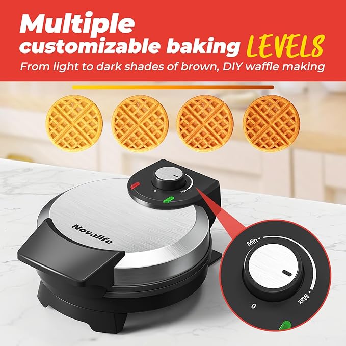 Waffle Maker, Round Classic Belgian Waffle Iron, Adjustable Browning Control, Easy-Clean Nonstick Plates & Cool Touch Handle, Space Saving Storage, Stainless Steel