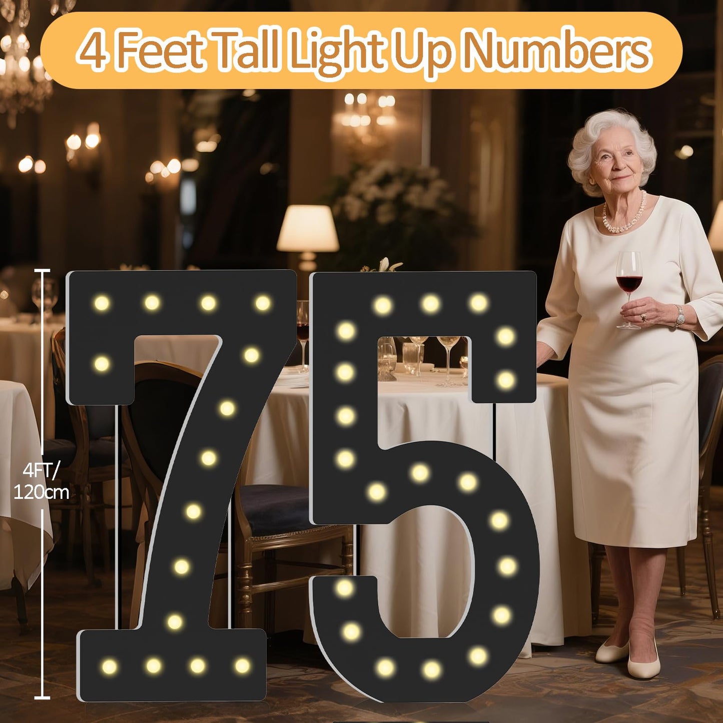 4FT Marquee Light Up Numbers, Black Giant Marquee Number Big Mosaic Number for 75th Birthday Party Decorations Backdrop Anniversary Decor, Pre-Cut Frame