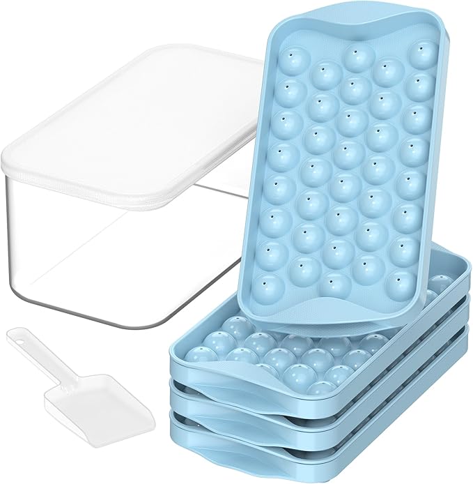 DOQAUS Round Ice Cube Trays with lid and Bin, 4 Pack Easy Pop Out Ice Trays for Freezer with Cover, Compact Circle Ice Cube Trays for Frezzer, Sphere Ice Cube Tray with Storage Ice Bucket Kits, Scoop
