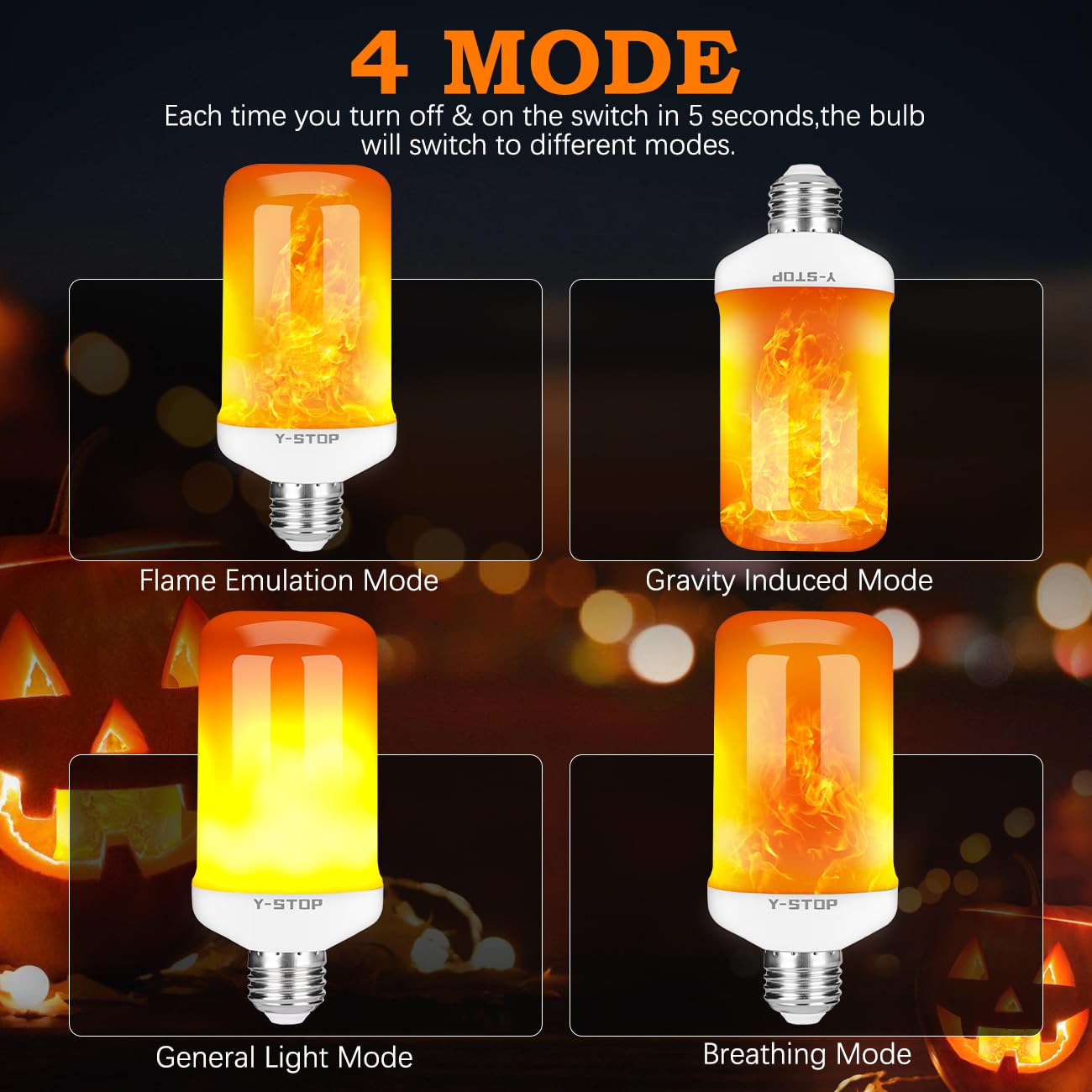 Y- STOP LED Flame Light Bulbs, 4 Modes Fire Effect, E26 Base, White, 2 Pack