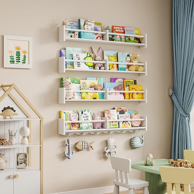 34Inch Nursery Bookshelves,Set of 4,Wall Floating Shelf Kids Coat Rack with 6Hooks,Hanging Book Shelf for Baby Nursery Room Décor ，Patent Number: 29958098(White, 34)