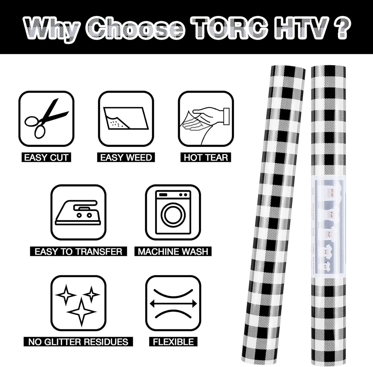 TORC Black White Buffalo Plaid HTV Vinyl 12 inch x 10 ft, Check Heat Transfer Vinyl Iron on Transfers