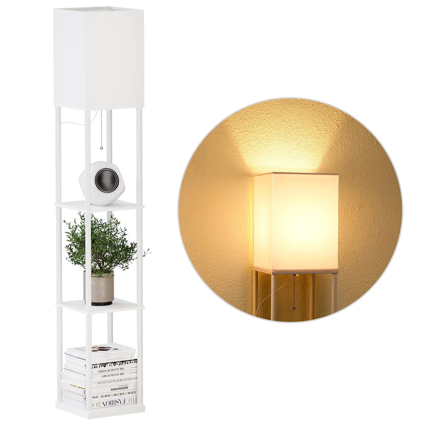 SUNMORY Shelf Floor Lamp with 3-Way Dimmable LED Bulb, Modern Wood Design, White Shade, Model L010401