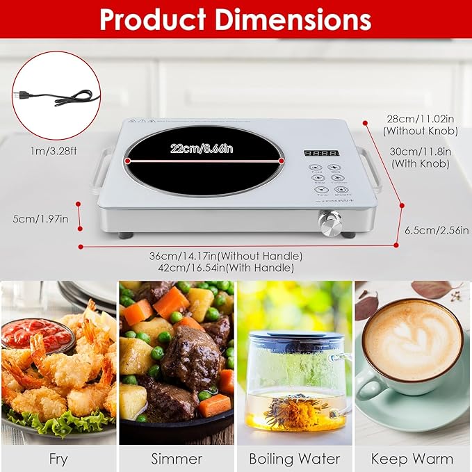 Infrared Electric Cooktop, 3500W Ceramic Single Hot Plates for Countertop, 12 Power Levels 0-3H Timer, Portable Handle, LED Display, Portable Stove for Home RV Camping(White)