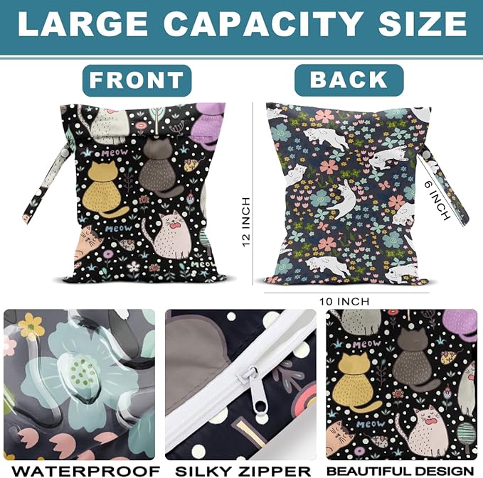 2Pcs Cat Wet Bag 12x10 Inch, Flowers Waterproof Reusable Wet Dry Bags, Floral Washable Travel Laundry Bags for Swimsuit Beach Diapers Dirty Yoga Gym Clothes, Cat Gifts for Women Friend Travelers