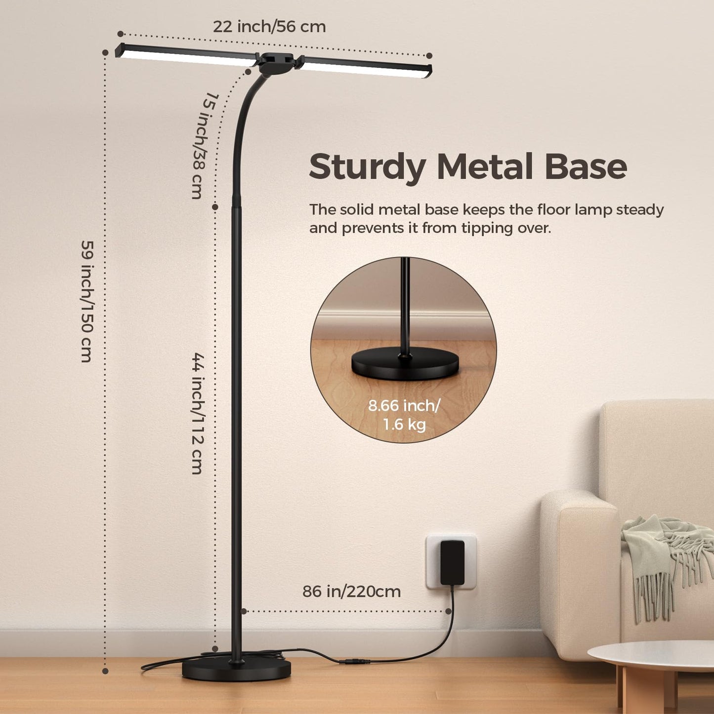 VrimNowit LED Floor Lamp - Adjustable Color Temperatures & Brightness, Dual Head Gooseneck, Remote Control, Black, Model V-FL-ST06