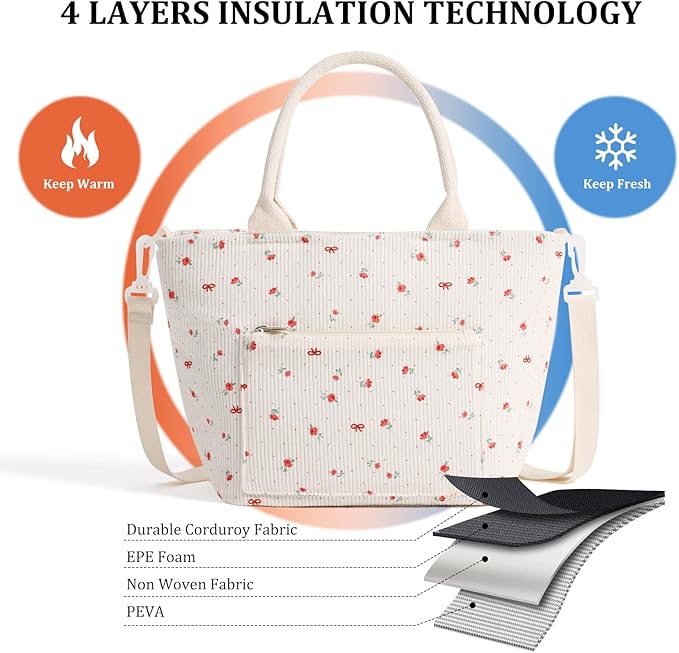 Lunch Bag for Women Adult Large Insulated Lunch Box Girl Cute Corduroy Lunch Tote Bags Reusable Leakproof Cooler Work Picnic