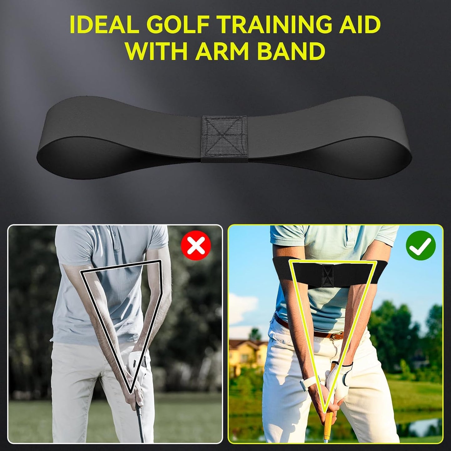 Golf Grip Trainer, Golf Swing Trainer Aid Warm-Up Stick for Strength Grip Tempo & Flexibility Training, Golf Training Aid with Arm Band for Practice Chipping Hitting Golf Accessories (Yellow)