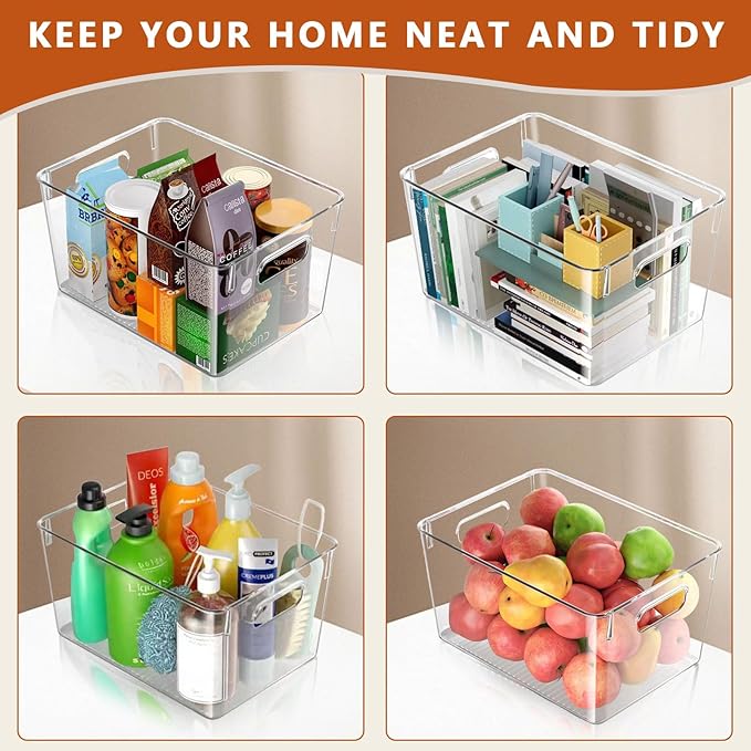 MOONEDGE Open Clear Plastic Storage Bins Stackable Organizer Containers with Handles for Kitchen, Pantry, Fridge, Cabinet, Closet Storage & Home Organization 8 Pack（11 x 8 x 6 in）