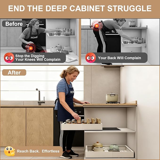 Pull out Cabinet Organizer,Width (23"-31") and Depth (17"-24") Expandable With 5 Rails,No Drill Adjustable Slide out Drawers for Kitchen,Pantry,Adhesive Roll out Shelves,for Cabinets Without Lip,White