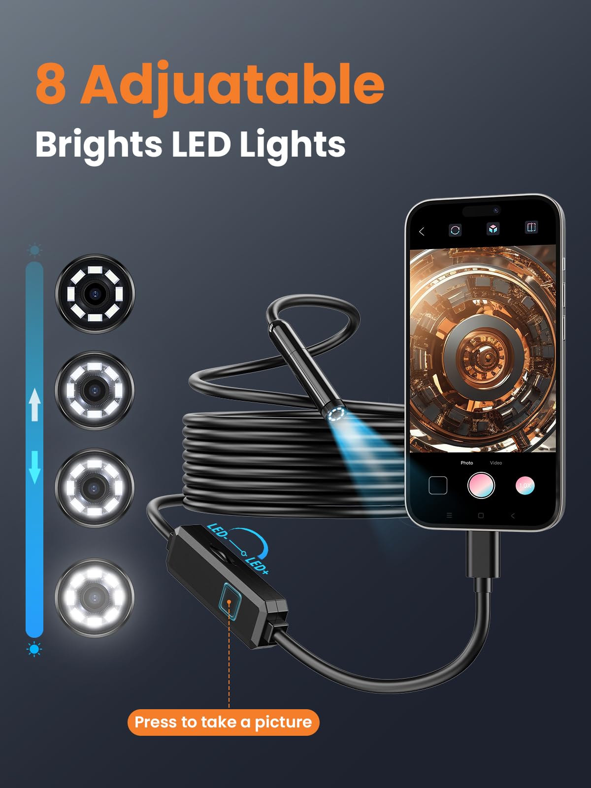 Vorth Endoscope Camera with Light, 1920P HD Borescope with 8 LED Lights, 16.5 FT Semi-Rigid Snake Inspection Camera, IP67 Waterproof Drain Pipe Borescope Mens Tool for iOS and Android