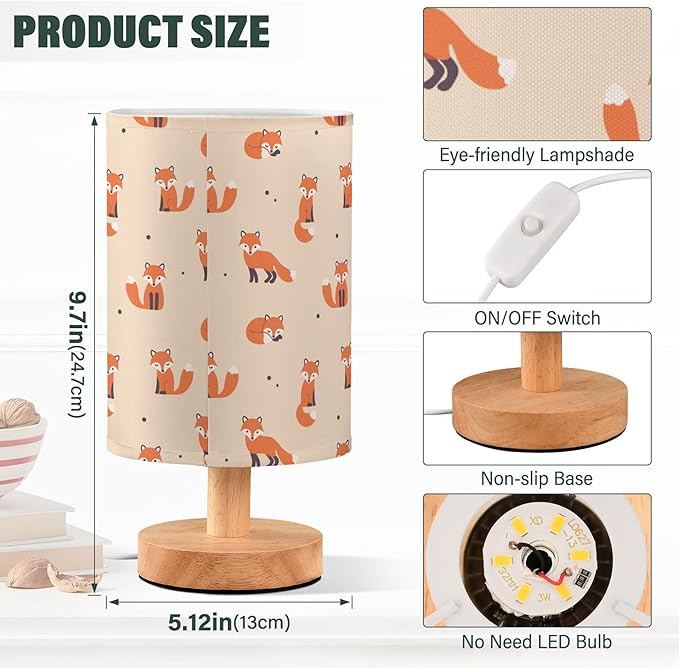 Table Lamp Cute Cartoon Fox with Dot Pattern on Beige Nightstand Lamp with Wood Base Fabric Lamp Shade Bedside Desk Lamp for Living Room Bedroom Kids Room Office