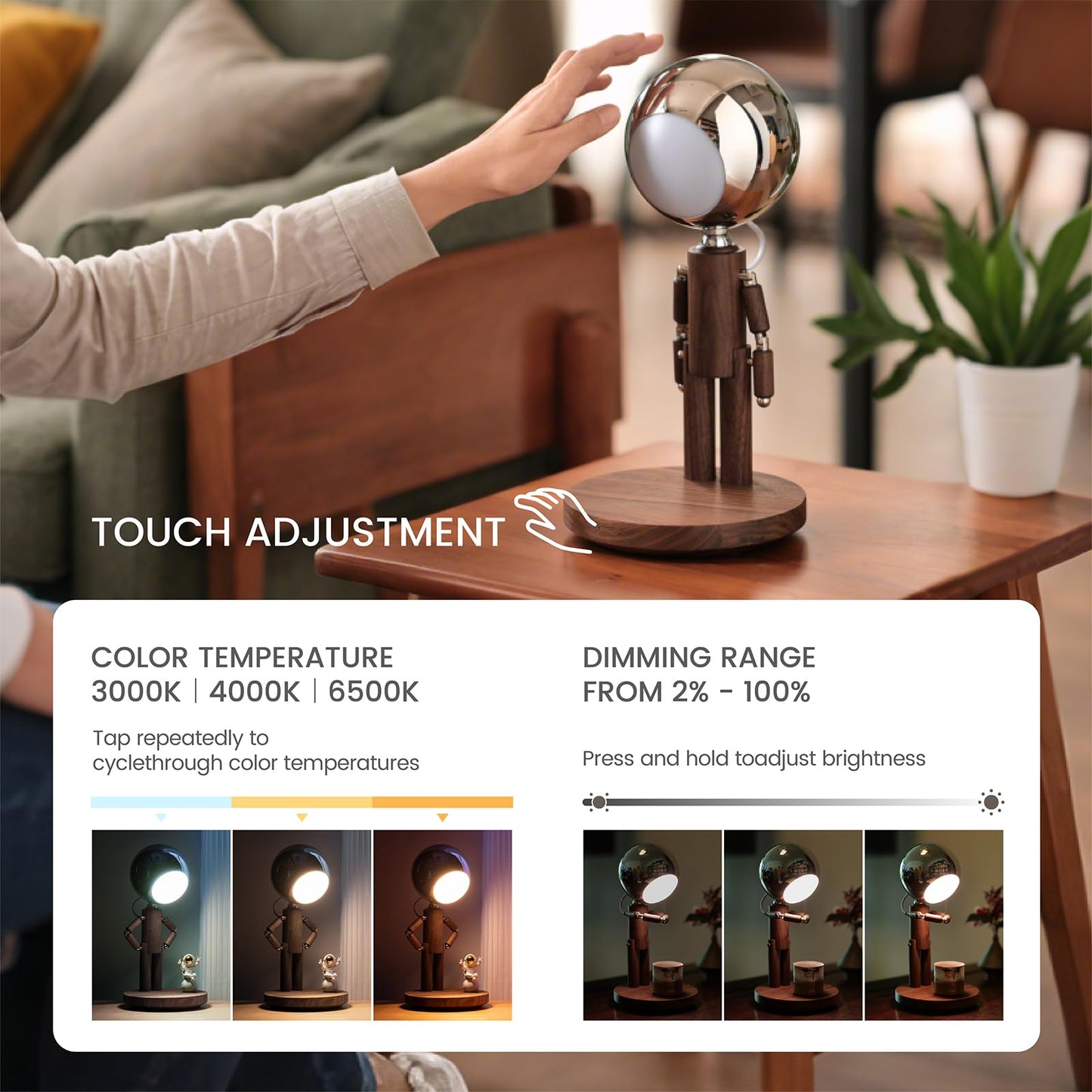 Vadifula Cordless Table Lamp  Rechargeable Wooden Table Lamp With Touch Control & Adjustable Brightness  Cordless Decorative Bedside Lamp For Bedroom  Home Decor & Unique Gifts  Black Walnut