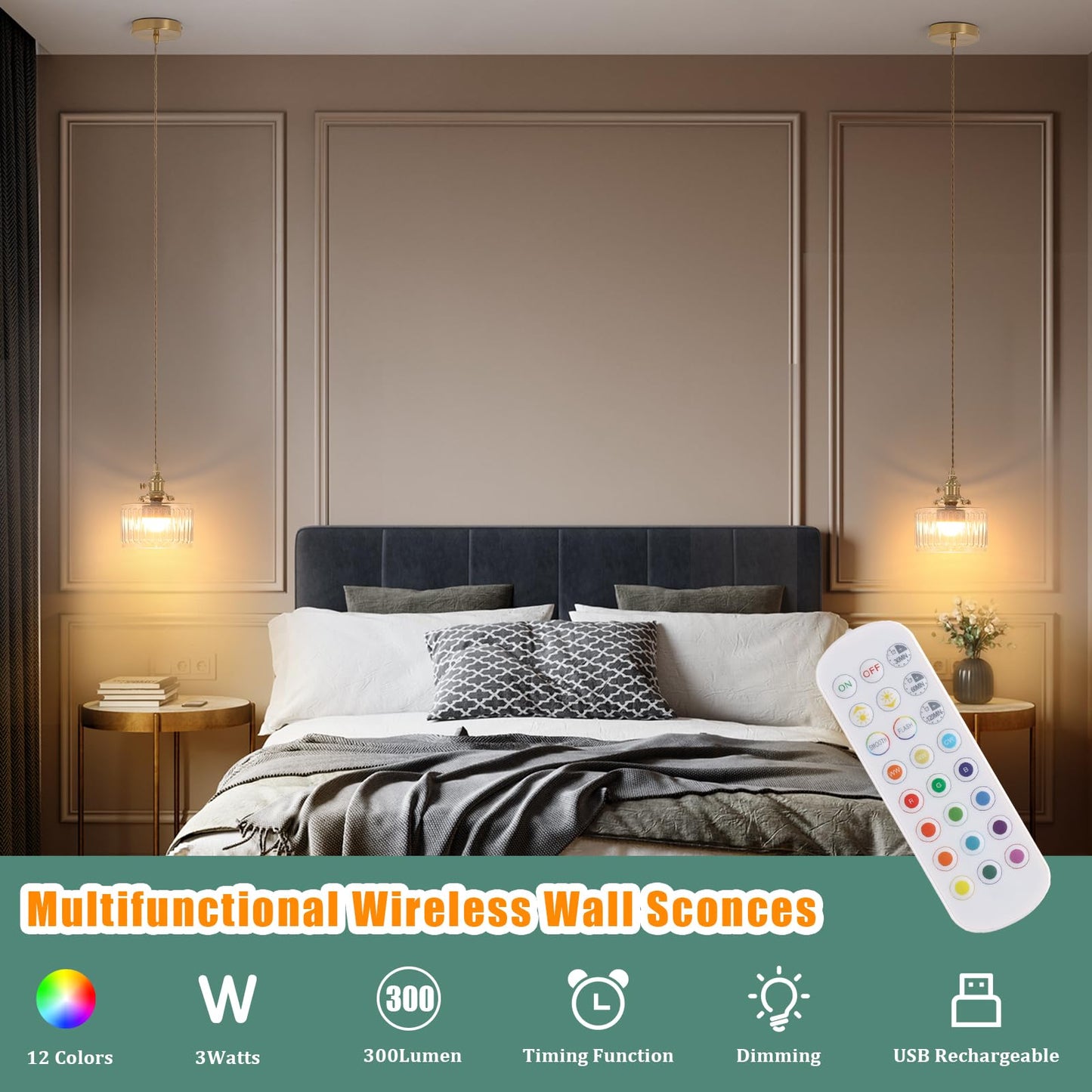 Shenmoyl Battery Operated Pendant Light, 5000mAh, Rechargeable, 2 Pack, Glass, Z-Striped Clear