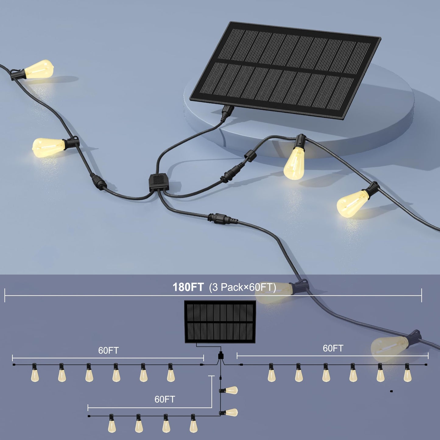 Stright Solar Powered String Lights, 180FT with Remote, 8 Modes, Weatherproof ST38 LED Bulbs, Warm White, 45 Sockets, Model S245