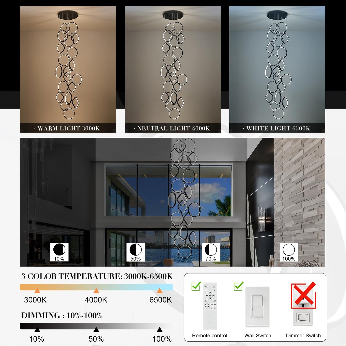 AIRYPHANT Modern LED Chandelier 20-Light Dimmable Aluminum Black P2001-20BDC1