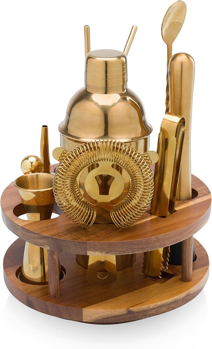 PICNIC TIME Carousel 13-Piece Bar Tool Set, Cocktail Shaker Set, Mixology Bartender Kit with Lazy Susan Stand, (Acacia Woo...