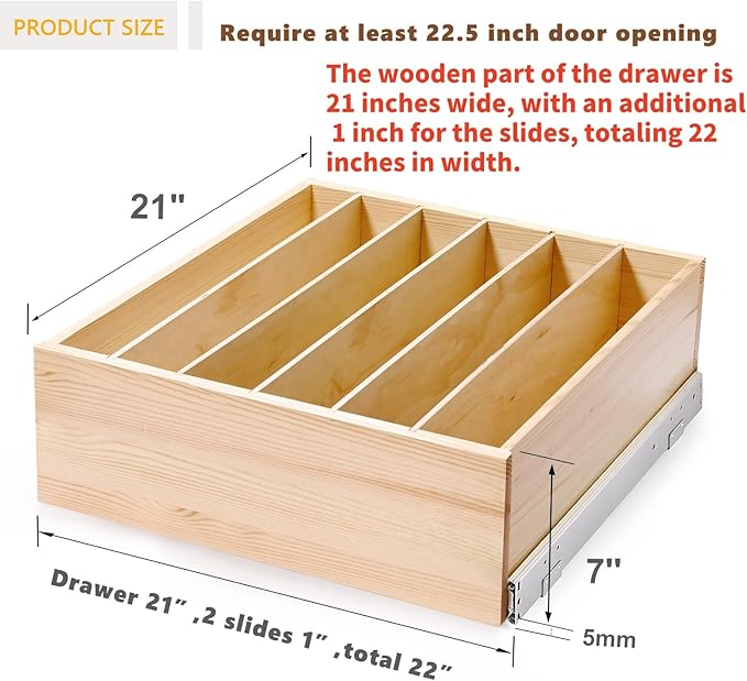 Pull Out Cabinet Organizer with Divider, 22''W×21''D×7''H Soft Close Wood Drawer for Kitchen Pantry, Finished, Heavy-Duty, Bottom Assembly (Wood Drawer Part Width is 21'')