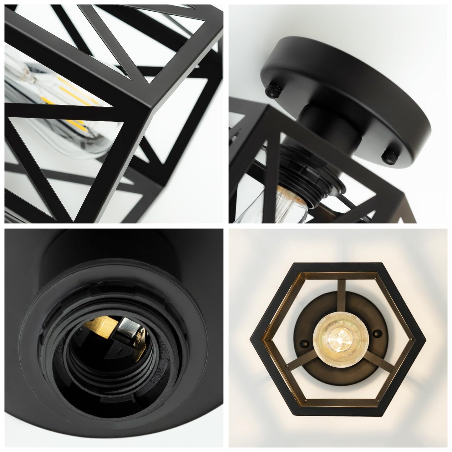 Oteedo 2 Pack Modern Semi Flush Mount Ceiling Light Hexagon Flush Mount Ceiling Lights For Dining Room Light Fixture Farmhouse Black Metal Kitchen Island Lighting Fixtures For Hallway Bathroom