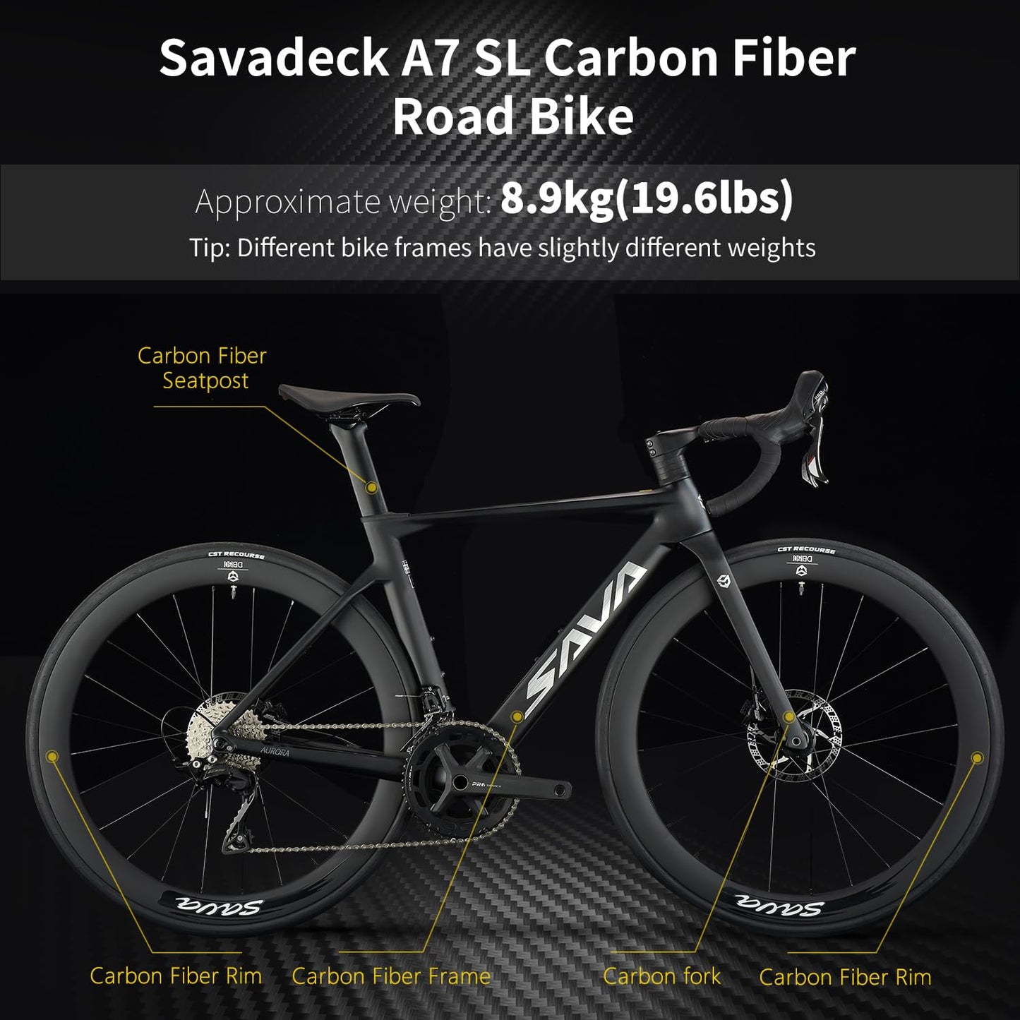 SAVADECK A7L Carbon Road Bike, T800 Carbon Fiber Frame 700C Racing Bicycle with Shimano 105 R7100 24 Speed Groupset and Hydraulic Disc Brake, Ultra-Light Carbon Bike for Man and Women(Black,47cm)