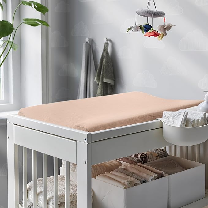 3 Pack Muslin Changing Pad Cover, Solid Changing Table Pad Cover, Soft Breathable Double Layer Boho Changing Pad Sheets Fit for Standard Changing Pad 16" x 32" (Cedar & Peach & Beige)