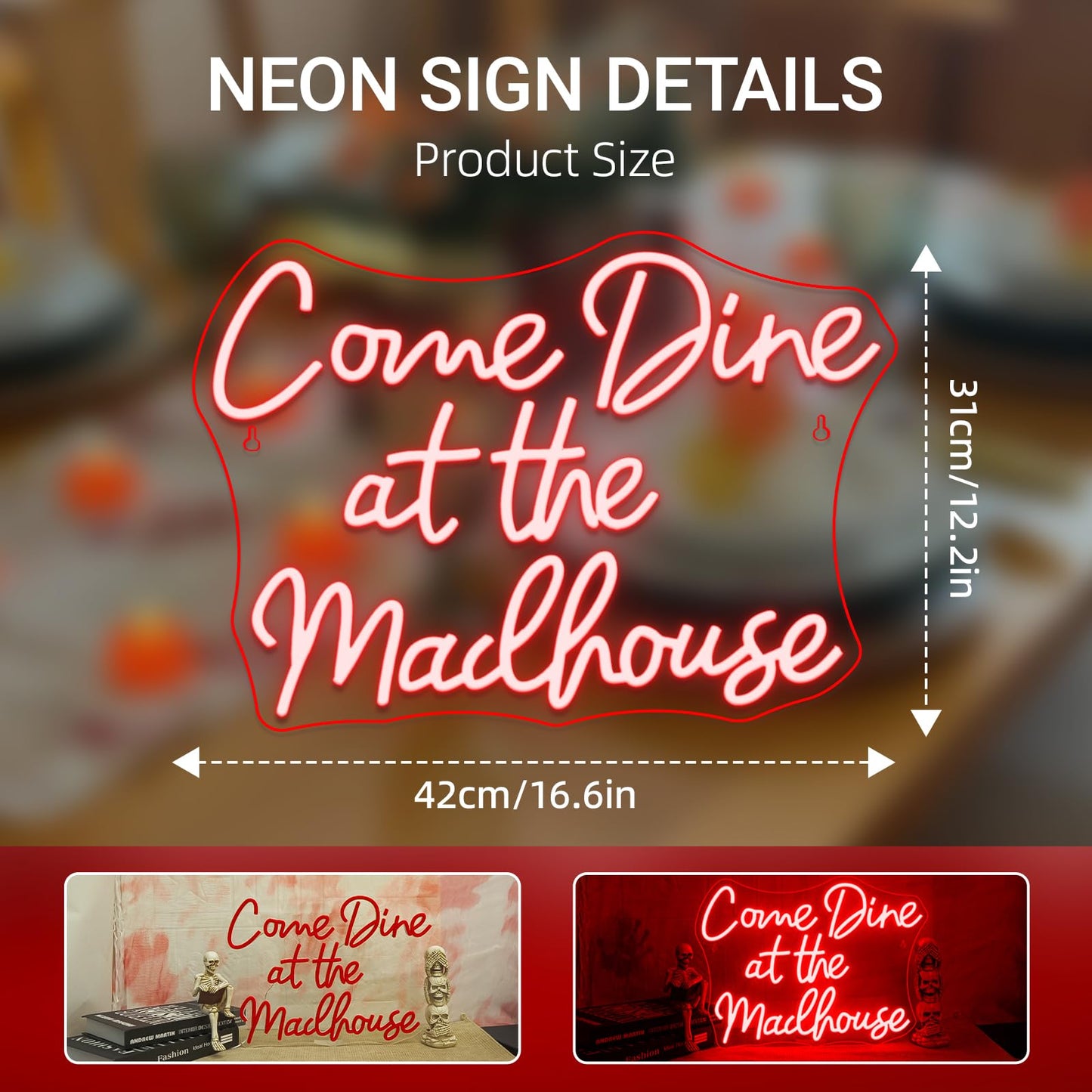 Faxfsign Come Dine At The Madhouse Neon Sign Restaurant Neon Signs For Wall Decor Red Led Night Light For Home Bar Gothic Halloween Horror Party Club Man Cave Decoration