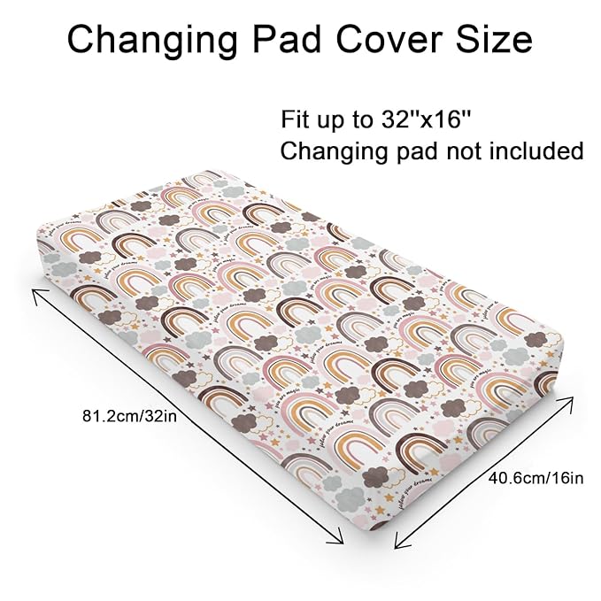 Colorful Boho Rainbow Changing Pad Covers Cute Rainbow Clouds Stars Fitted Baby Change Table Sheets for Boys Girls Soft Breathable Stretchy Changing Table Cover 32''x16''