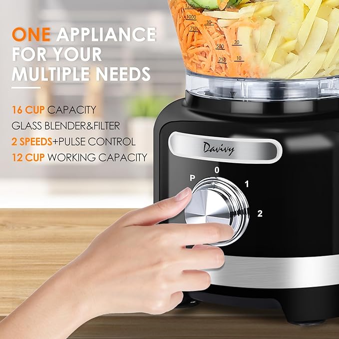 Davivy 16-Cup Food Processor and Blender, 6-Cup (50oz) Glass Blender Food Processors Combo – 10-in-1 Full-Size Food Processor with 600W Motor, 2 Speeds + Pulse for Home Use, Black
