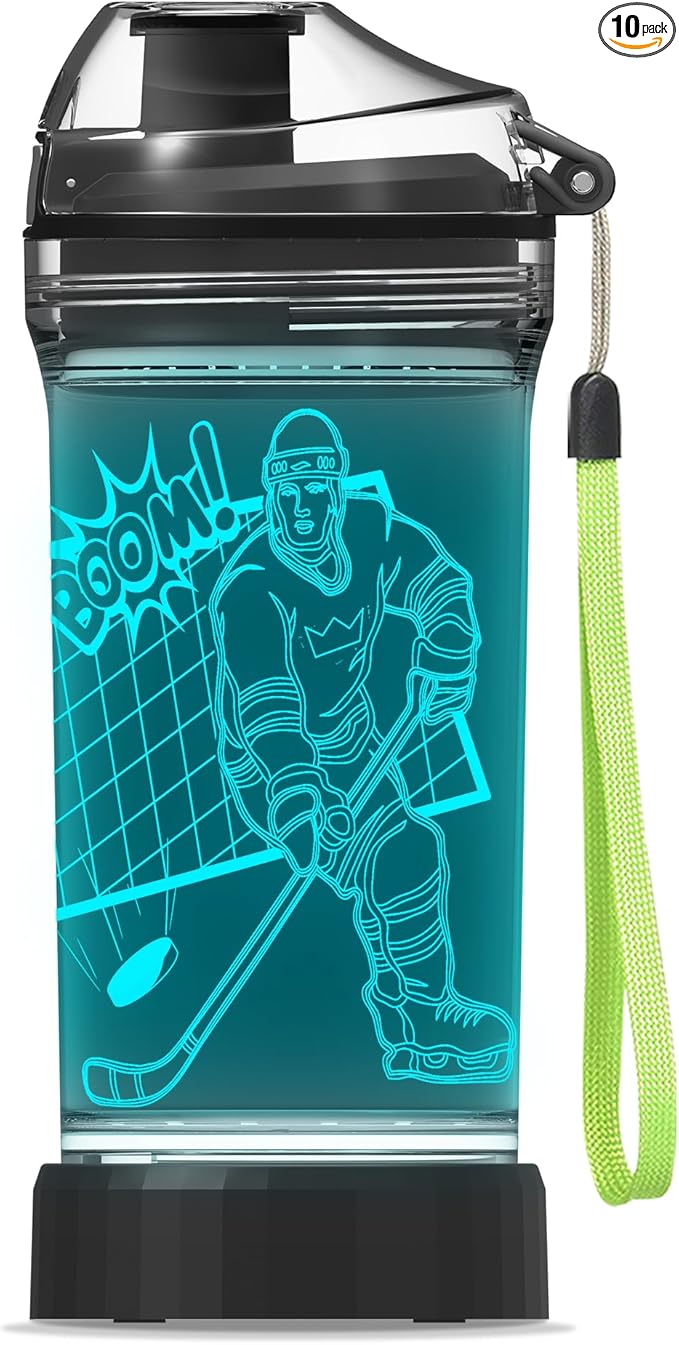 Kids Water Bottle with Ice Hockey Player Design 3D Glowing LED Light-Tritan BPA Free,Perfect for Back-to-School Season, Girls, Boys, Kids, Holiday Camping, Picnic Gifts - 14 oz Travel Mug