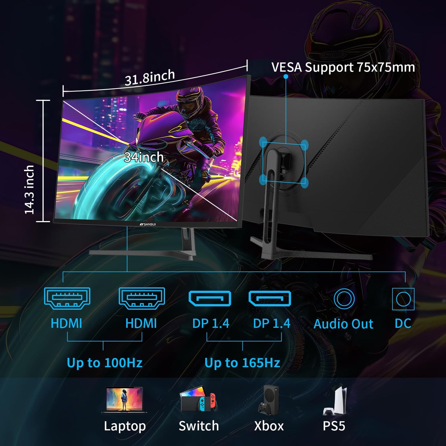SANSUI 34-Inch Curved Gaming Monitor UWQHD 3440 x 1440 165Hz Curved 1500R - PIP/PBP, 1ms(MPRT), HDR, 300nits, sRGB 125%, DCI-P3 95%,FreeSync,HDMI x2,DP1.4 x2 (ES-G34C5 DP Cable Included)