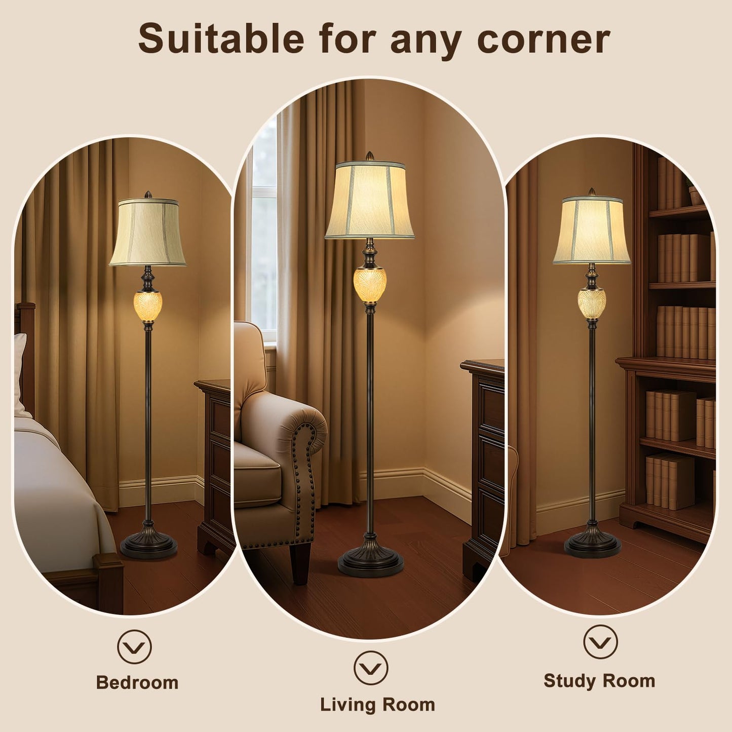 LuxSight Vintage Floor Lamp, 64in Tall, Dark Bronze, Beige Faux Silk Shade, Rotary Switch, Model PL8018-FLNO