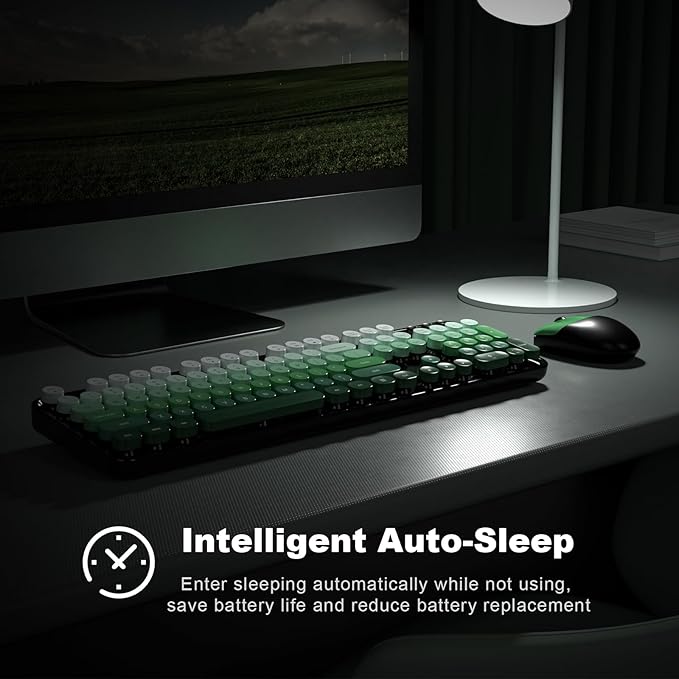 MOFII Wireless Keyboard and Mouse Combo, 2.4GHz Retro Typewriter Keyboard Full Size, Cute Wireless Mice, USB Dongle Plug and Play, for Laptop, PC, Desktop, Windows (Black Green Gradient Color)