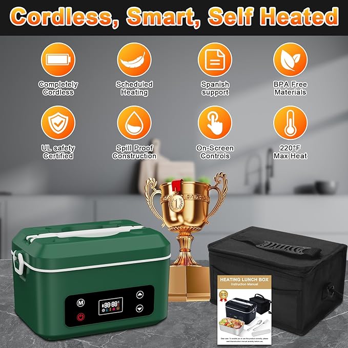 Cordless Electric Heated Lunch Box,Pro 24000mah Heated Lunch Box,Battery Powered, 1.2L Portable Food Heater-3D-5 Side Heating-Intelligent Temperature Control,Suitable For Trucks,Offices,Travel