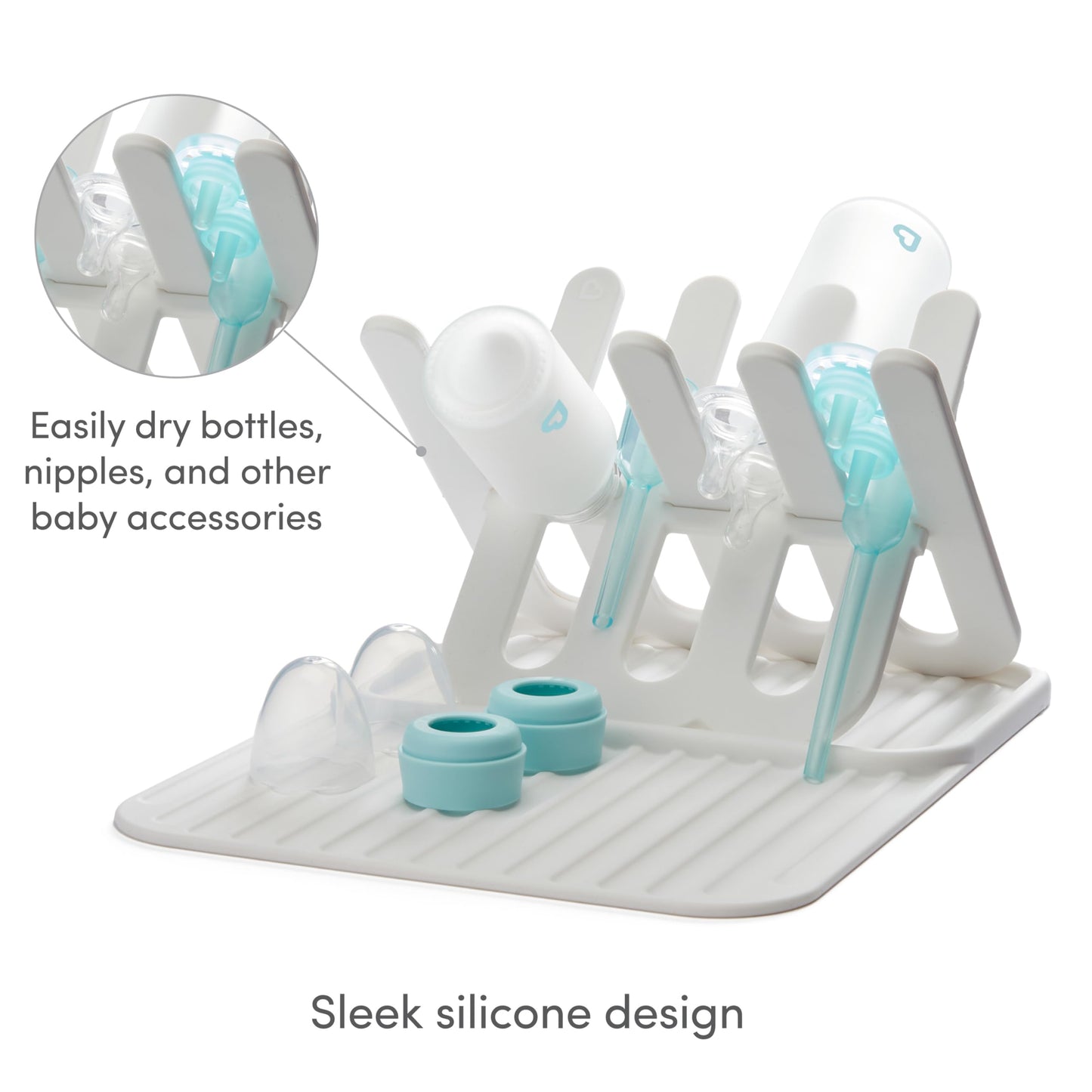 Munchkin Bottle Drying Rack and Mat, Holds 8 Bottles, Pump Parts, Pacifiers, & Accessories, Space Saving Folding Design, Home and Travel Use, Silicone, White