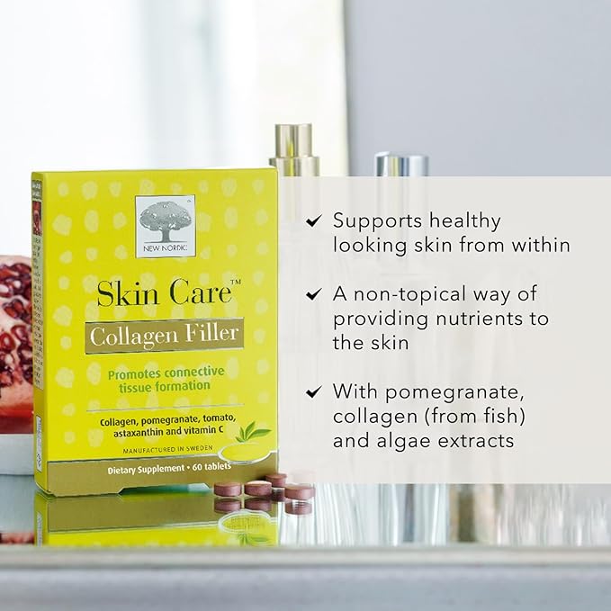 NEW NORDIC Skin Care, Collagen Filler Tablets, Marine Collagen with Vitamin C Supplement for Healthy Looking, Smoother, Plump Skin, 60 Count (Pack of 1)