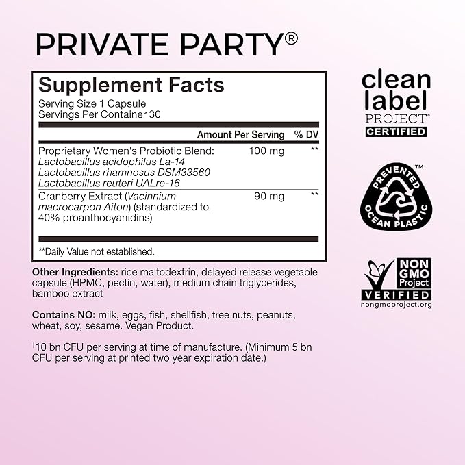 HUM Private Party - Vaginal Probiotics for Women's Health, pH Balance Supplement, and Urinary Tract Support with Cranberry & Lactobacillus Blend | Cranberry Pills, (30 Capsules)