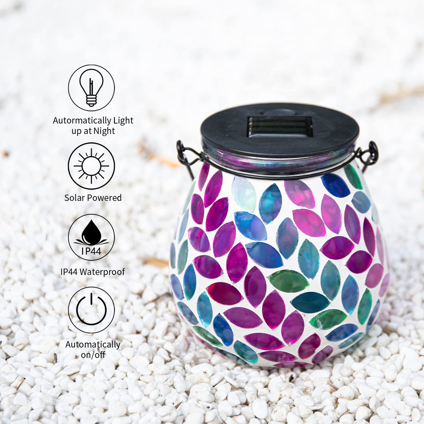 Afirst Mosaic Solar Lantern - Glass Hanging Light, Waterproof Table Lamp for Garden & Patio, Model 4431910B, Leaf Color