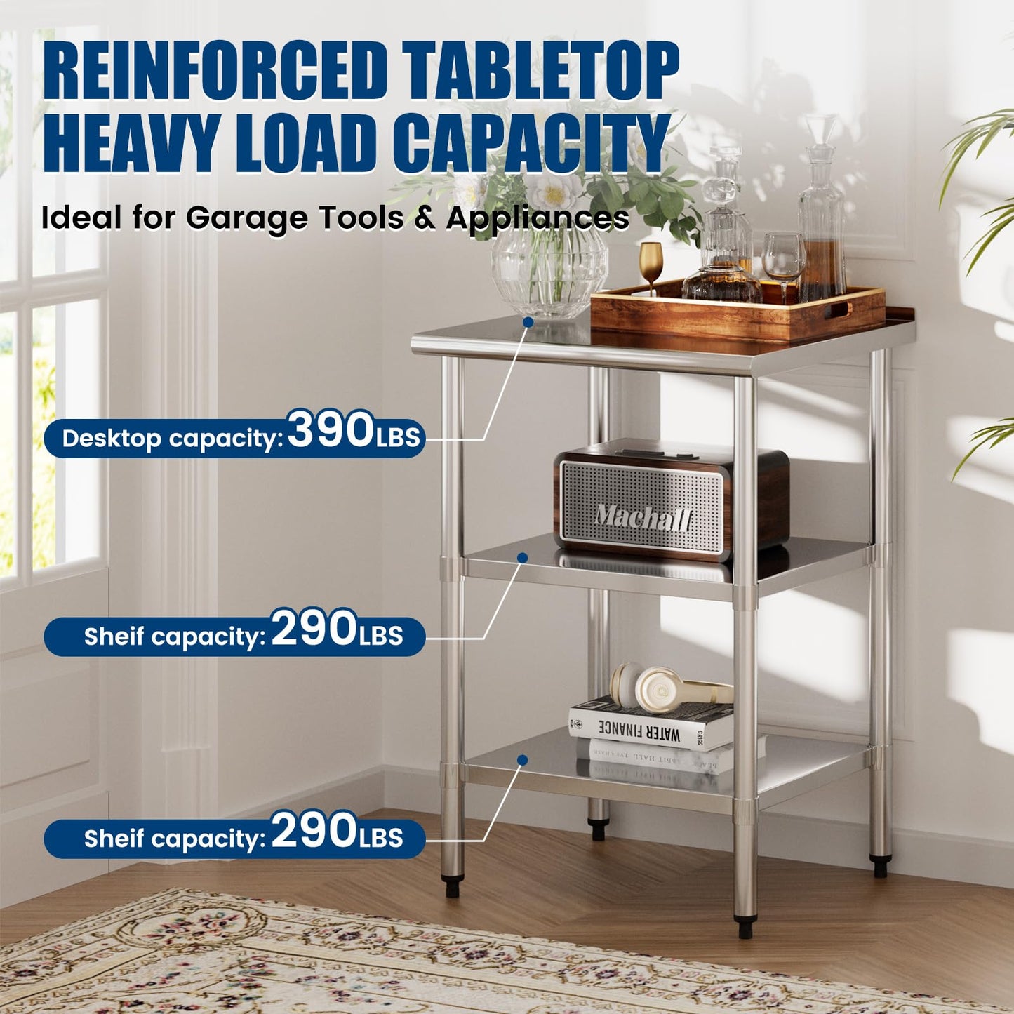 Chingoo Stainless Steel Work Table 24x24 Inch with 2 Adjustable Undershelves & Backsplash, Heavy-Duty Prep Table for Commercial Kitchen, Restaurant, Garage, Outdoor
