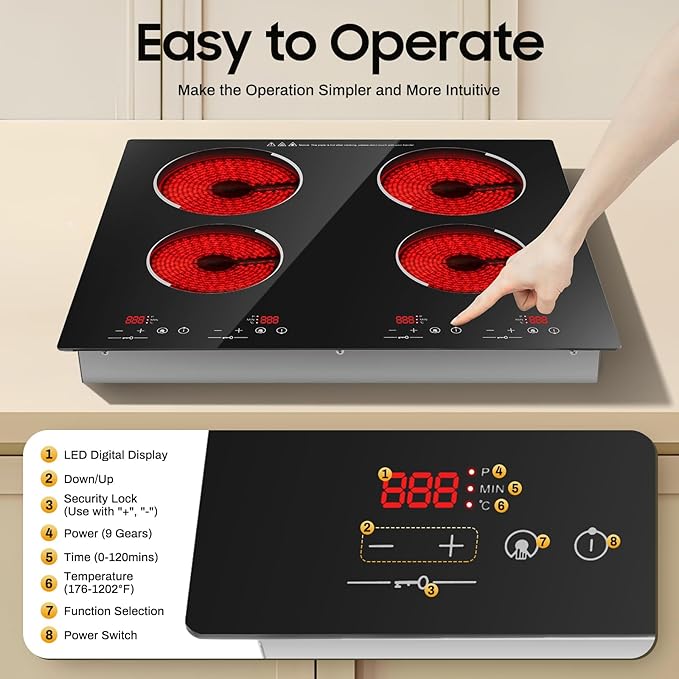 30 Inch Electric Cooktop, 3000w 4 Burner Built-In Glass Ceramic Stove Top with 9 Power Levels, Timer, Safety Lock