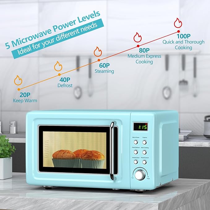 Moccha Retro Microwave, 0.7Cu.ft Compact Microwave, 700-Watt Countertop Microwave Ovens w/5 Micro Power, Delayed Start Function, LED Display, Child Lock, Small Microwave (Green)