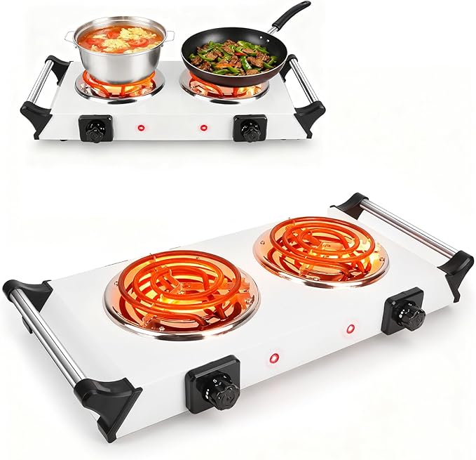 Double Hot Plate, 2000W Portable Countertop Burner & Electric Stove, 5-Level Temp, Portable Handle, Cast Iron Double Burner Cooktop for Home/RV/Camping (White)