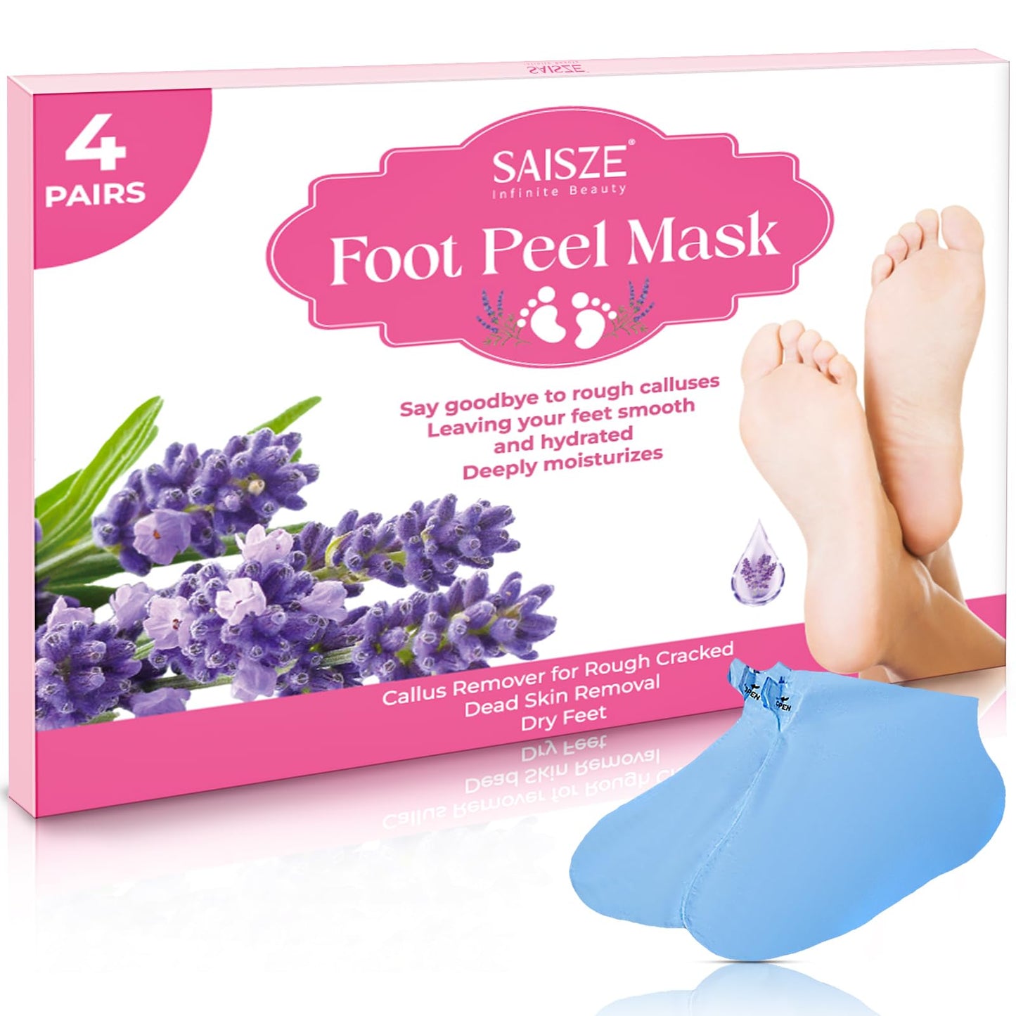 SAISZE Foot Peeling Mask, 4 Pairs, Lavender, Natural Exfoliating Foot Mask for Dry Cracked Feet, Dead Skin Callus Remover for Ba