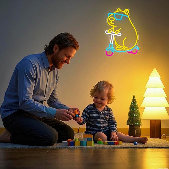 Cool Capybara Neon Sign, Dimmable Cute Animal with Shades on a Scooter, Lemon Yellow Capybara LED Lights for Wall Decor, Bedroom, Game Room, Kids Room, Birthday Party Decor, Teen Gifts